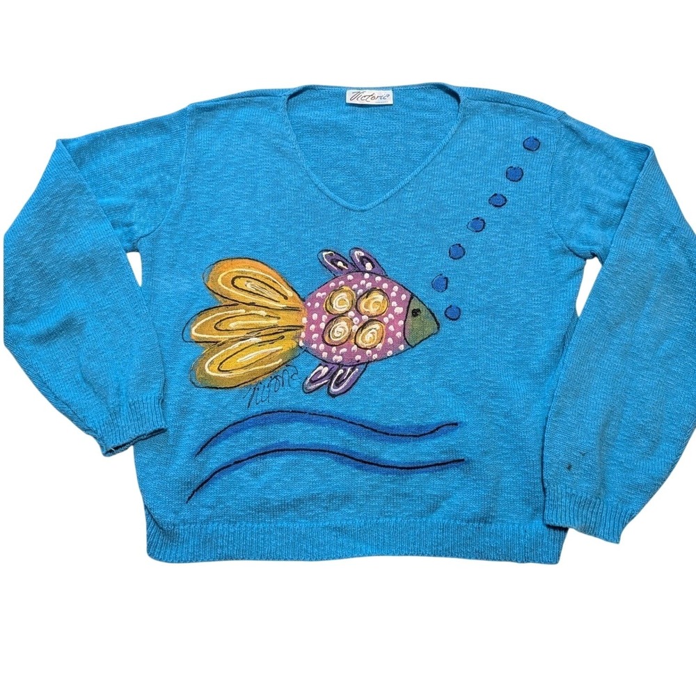 Victoria Fish Sweater Womens OS Blue Cotton V-Neck Hand Painted Style Vintage